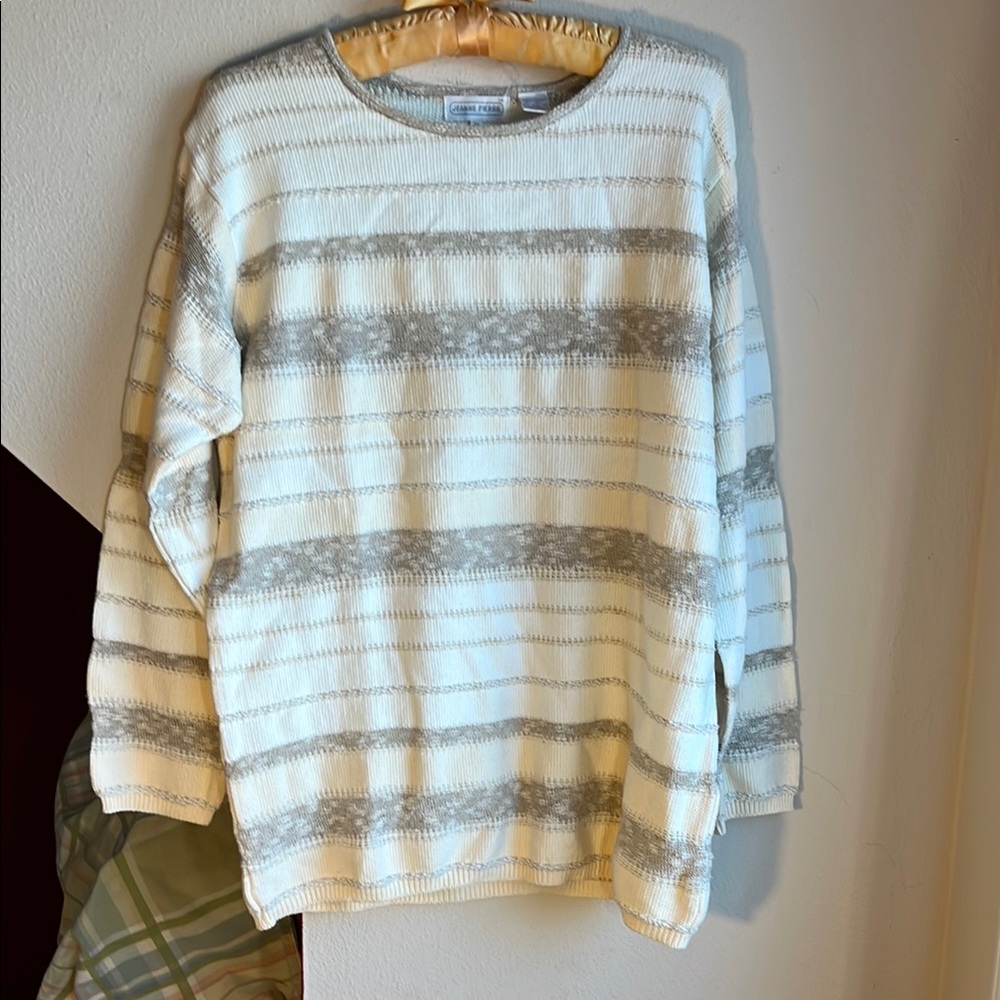Jeanne Pierre Cream and Gray Striped Sweater‎ M Cotton Linen blend